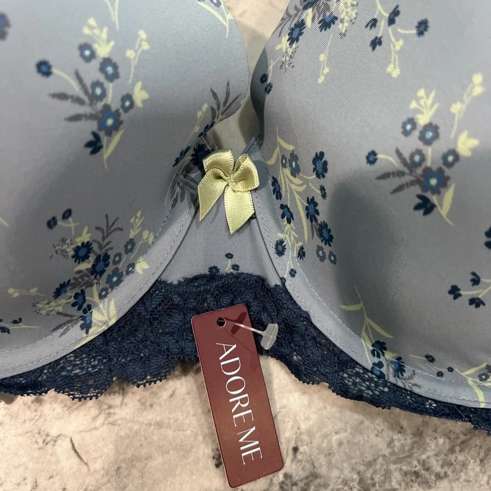 Adore Me Bra 38DD Push Up Plunge‎ Underwire Blue Floral